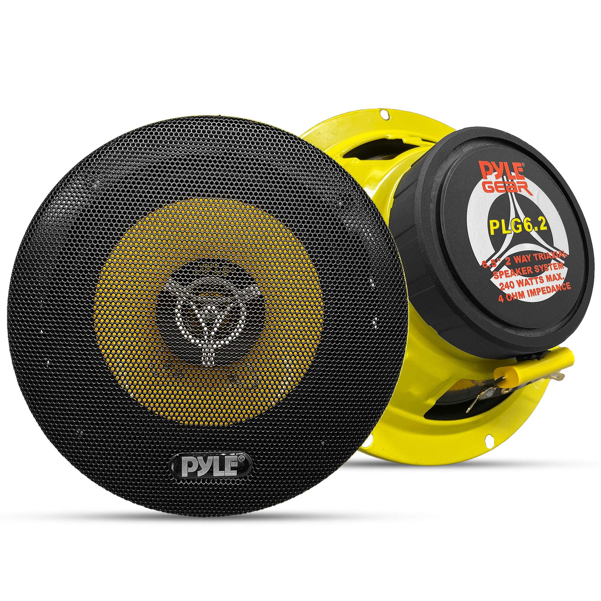 Pyle Car Two Way Speaker System - Pro 6.5 Inch 240 Watt 4 Ohm Mid Tweeter-Audio Sound Speakers For Car Stereo w/ 30 Oz Magnet Structure, 2.25” Mount Depth Fits Standard OEM -PLG6.2 (Pair) Yellow