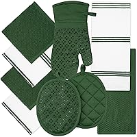 Kitchen Towels Dishcloths Oven Mitts and Pot Holders Set of 9, Oeko-Tex 100% Cotton Terry Dish Towels & Dish Cloths, Non-Slip Silicone, Dark Green