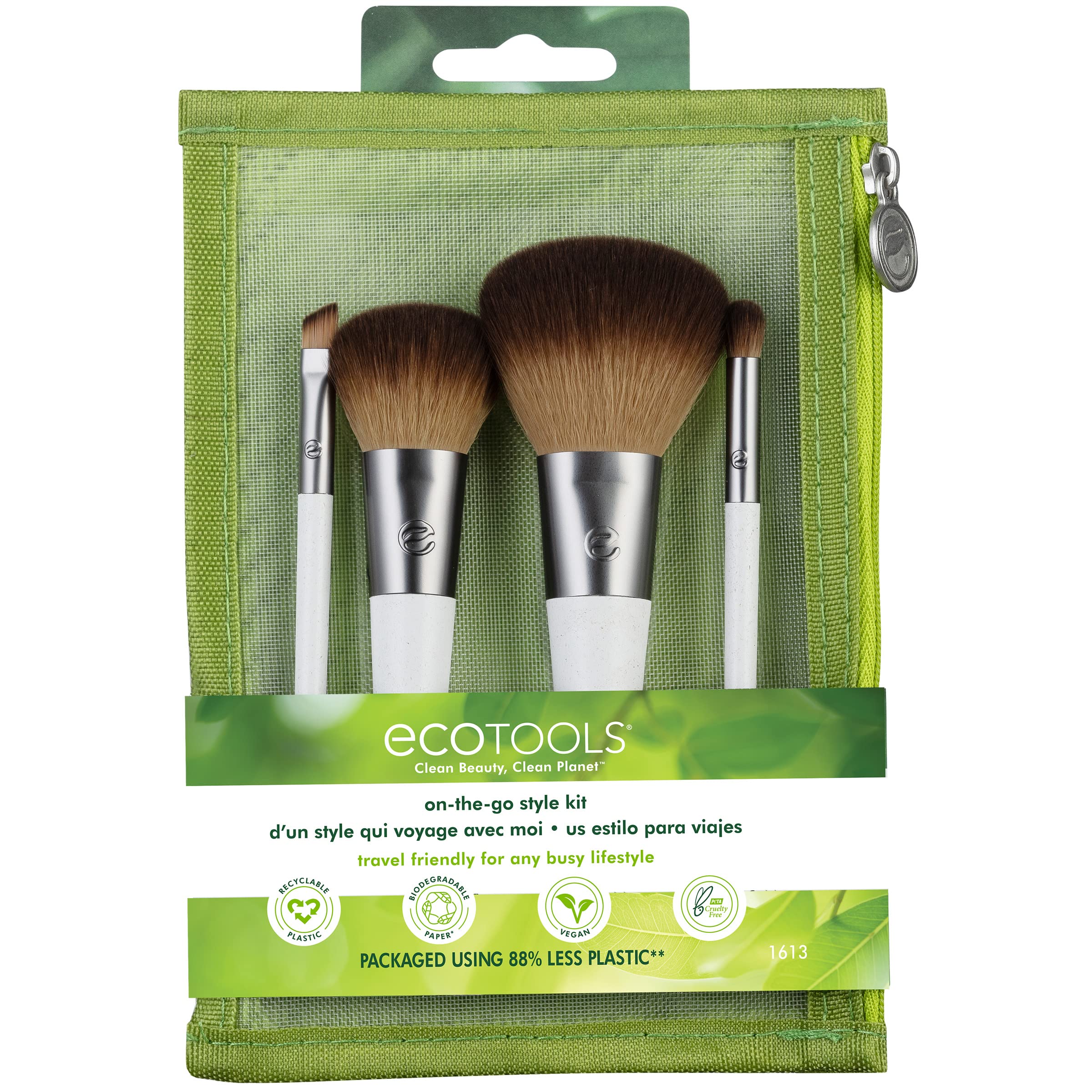 EcoTools On-The-Go Makeup Brush Kit, Travel-Friendly Brush Set, Convenient Makeup Tools for Powders, Blush, Bronzer, & Eyeshadows, Eco-Friendly, Synthetic Bristles, Cruelty-Free & Vegan, 5 Piece Set