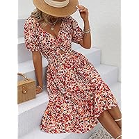 Women's Dress Allover Floral Print Twist Front Cut Out Puff Sleeve Ruffle Hem Dress Dress for Women (Color : Multicolor, Size : Small)
