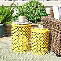 glitzhome Outdoor Side Table Set of 2, Decorative Garden Stool for Indoor Outdoor Heavy Duty Metal Frame Accent Table Modern End Table, Yellow