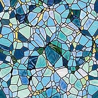 funlife Original Hand Drawn Transparent Double-Sided Cobblestones Stained Glass Window Film, Removable Static Window Cling Glass Covering Window Decor, Transparent Blue Cobblestones 17.7