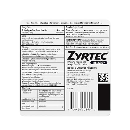 Zyrtec 24 Hour Allergy Relief Tablets, Indoor & Outdoor Allergy Medicine with 10 mg Cetirizine HCl per Antihistamine Tablet, Relief from Runny Nose, Sneezing, Itchy Eyes & More, 60 ct