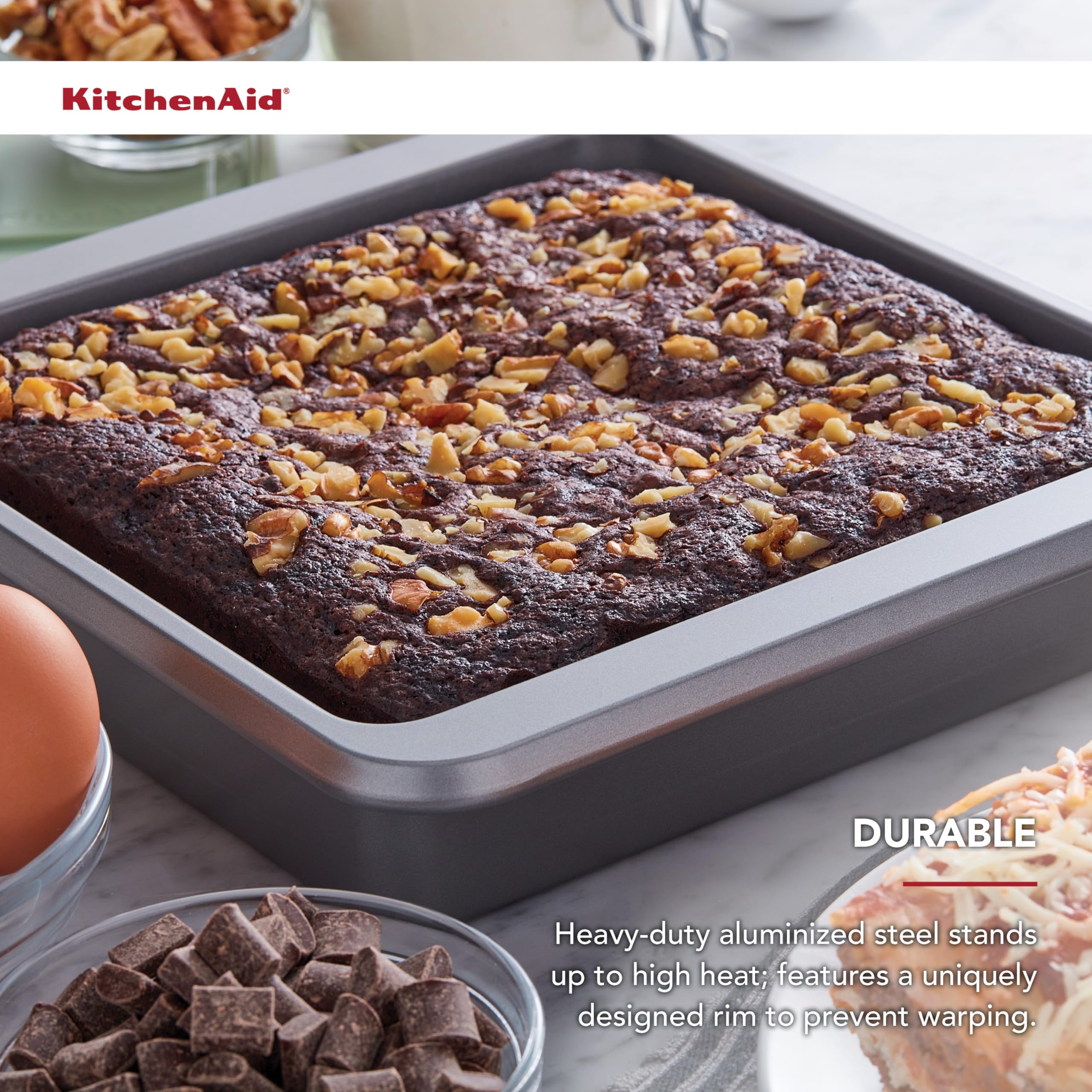 KitchenAid Nonstick 9 in Square Cake Pan with Extended Handles for Easy Grip, Aluminized Steel to Promoted Even Baking, Dishwasher Safe