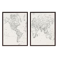 Kate and Laurel Sylvie Vintage Black and White World Map Framed Linen Textured Canvas Wall Art Set by The Creative Bunch Studio, 2 Piece 18x24 Walnut Brown, Global Geography World Map for Wall