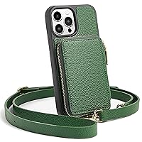 iPhone 12 Pro/iPhone 12 Zipper Wallet Case with Card Holder, Crossbody Phone Case with Wrist Strap, RFID Blocking Purse for Women, Cover Gift for iPhone 12& 12 Pro, 6.1 inch- Dark Green