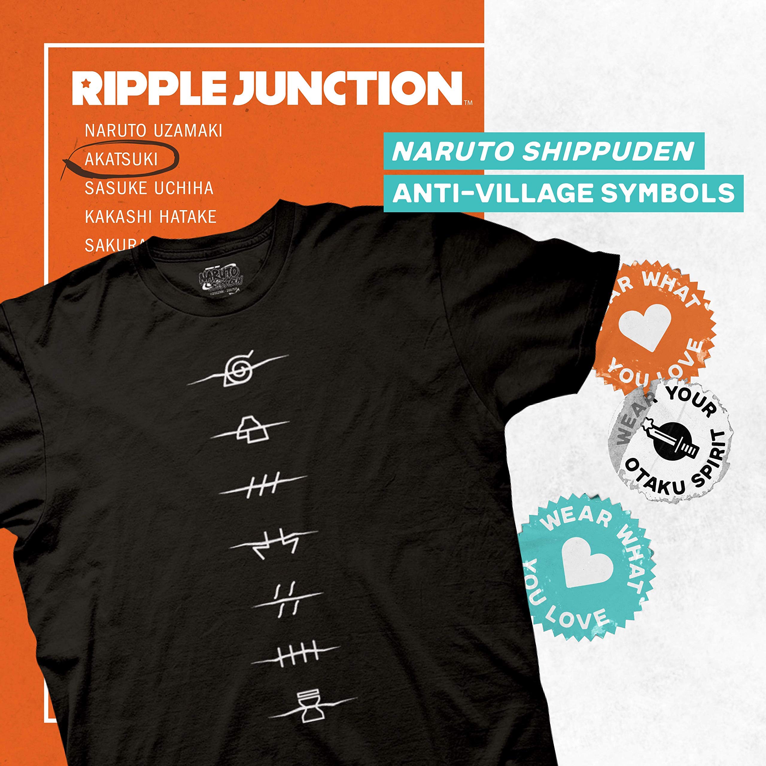 Ripple Junction Naruto Shippuden Men's Short Sleeve T-Shirt Anti-Village Akatsuki Cloud Front Back Print Officially Licensed