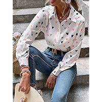 Women's Tops Women's Shirts Sexy Tops for Women Allover Heart Print Button Front Blouse (Size : Large)