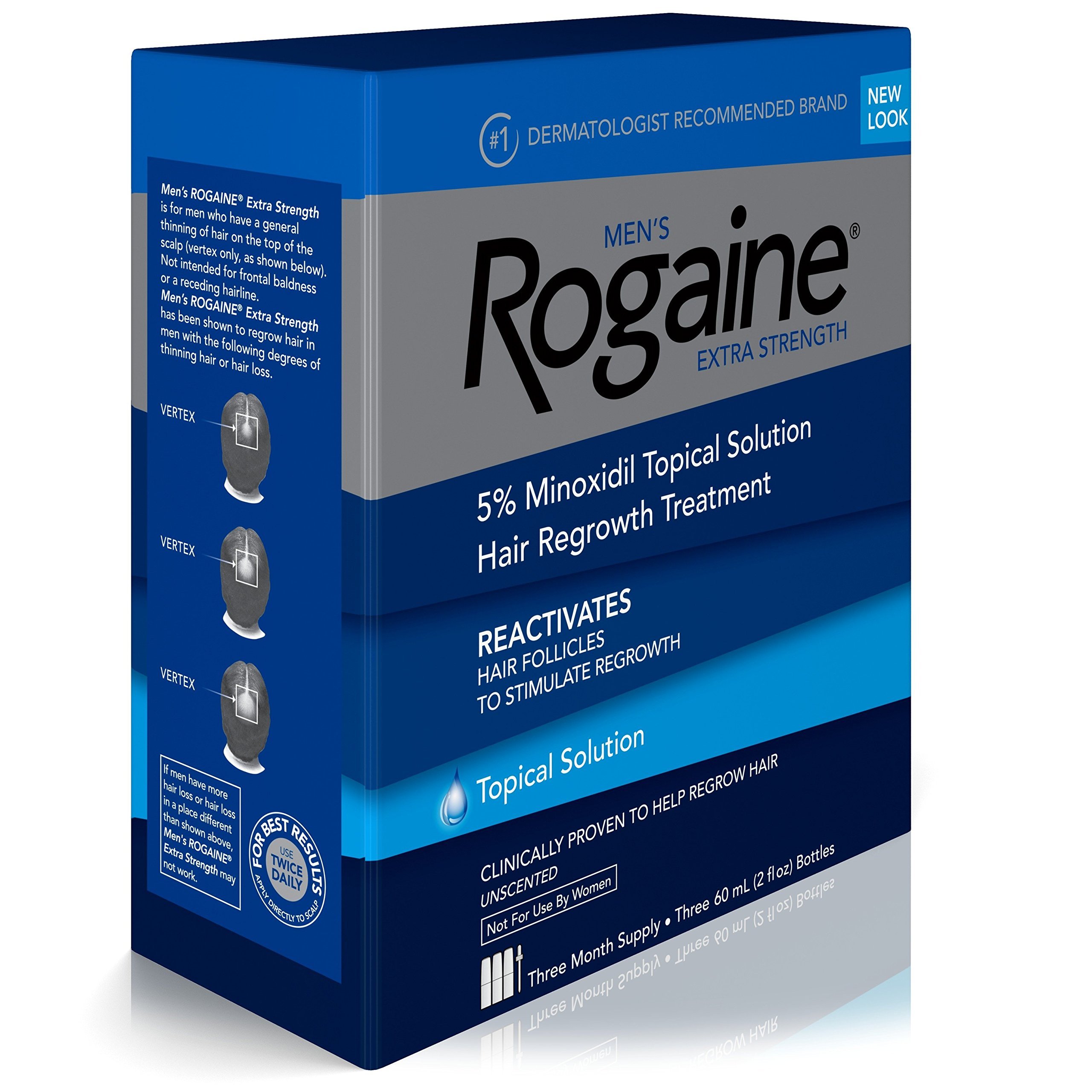 Men's Rogaine Extra Strength 5% Minoxidil Topical Solution for Hair Loss & Hair Regrowth, Topical Hair Regrowth Treatment for Men, Unscented Minoxidil Liquid, 3-Month Supply, 3 x 2 fl. oz