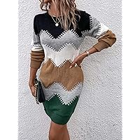 TLULY Sweater Dress for Women Colorblock Chevron Pattern Sweater Dress Sweater Dress for Women (Color : Multicolor, Size : Large)