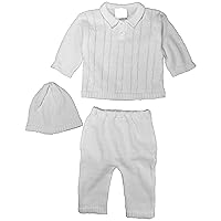 Cotton Knit White Boys Infant 3 Piece Set with Collared Sweater, Pants and Hat