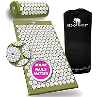 BED OF NAILS The Comfortable Acupressure Mat Pillow Massage Set - Neck and Back Pain Relief, Acupuncture Mat and Pillow Set for Increased Energy & Relaxation, Carry Bag, Green