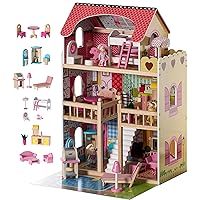 Gardenised Wooden Doll House with Toys and Furniture Accessories with LED Light for Ages 3+