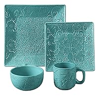 HiEnd Accents Savannah 16 Piece Ceramic Dinnerware Set with Plates, Bowls, Mugs, Turquoise Tooled Leather Floral Pattern, Modern Rustic Western Style