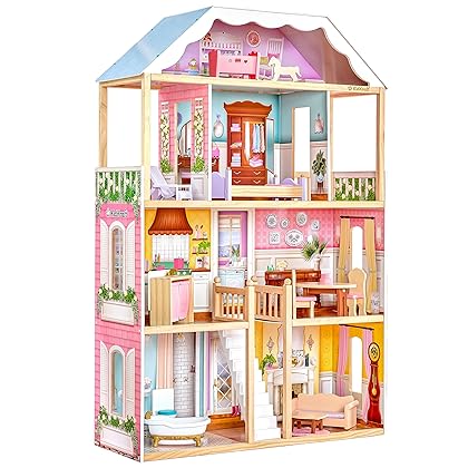 KidKraft Charlotte Classic Wooden Dollhouse with EZ Kraft Assembly™, 14-Piece Accessory Set, for 12-Inch Dolls, Gift for Ages 3+