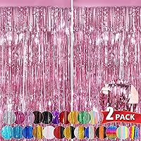 Pink Metallic Tinsel Foil Fringe Curtains, 2 Pack 3.3x8.3 Feet Streamer Backdrop Curtains for Birthday Party Decorations, Halloween Decor, Foil Curtain Backdrop for Bachelorette Party