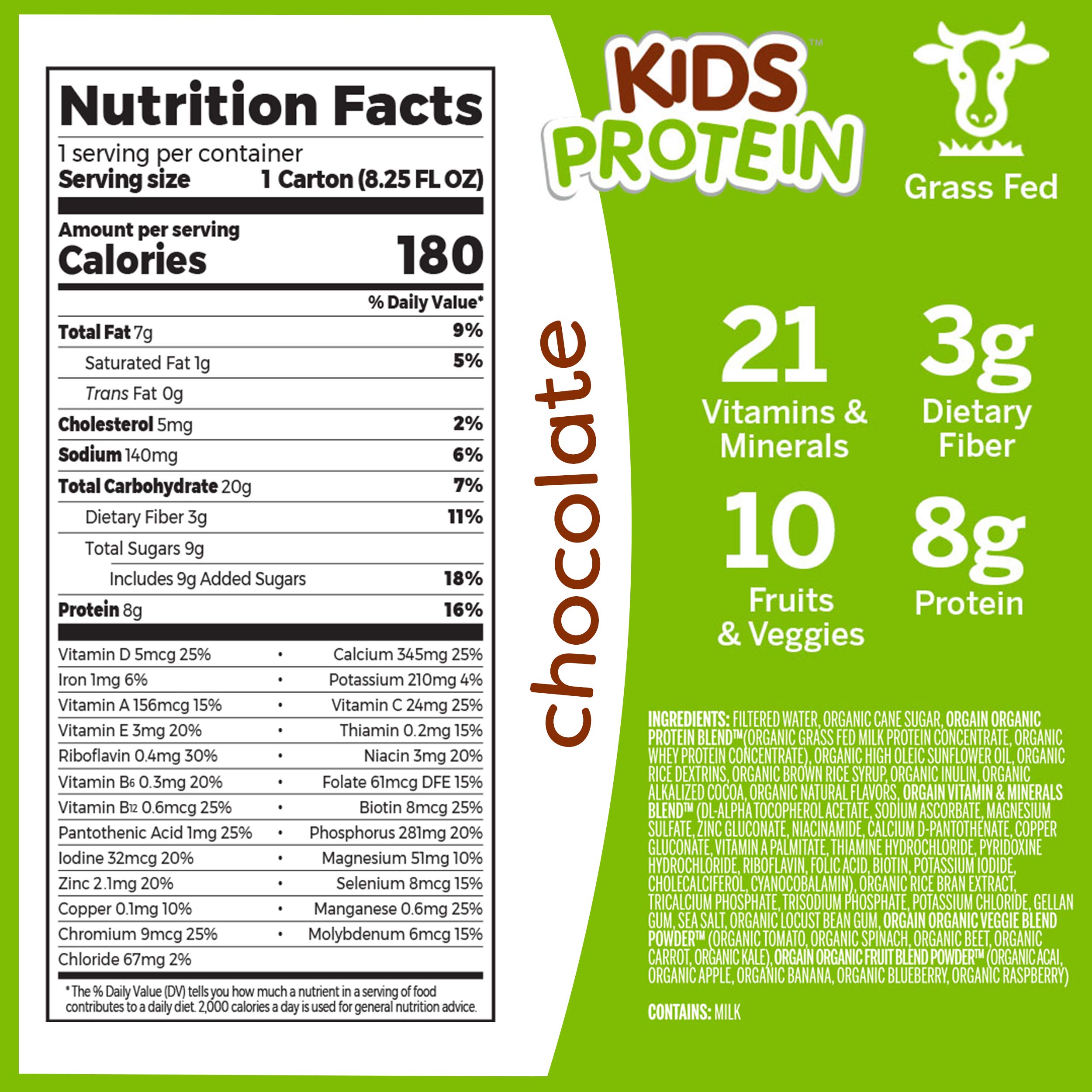 Orgain Organic Kids Protein Nutritional Shake, Chocolate - Great for Breakfast & Snacks, 21 Vitamins & Minerals, 10 Fruits & Vegetables, Gluten Free, Soy Free, 8.25 oz, 12 Count (Packaging May Vary)