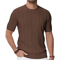 PJ PAUL JONES Mens T Shirts Crew Neck Hollow Out Knit Tee Summer Classic Short Sleeve Casual Pullover Tops Coffee L