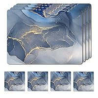 Set of 4 Heat Resistant Cork Placemats for Dining Table with Free Set of 4 Matching Drink Coasters Marble Design 16 x 12 Inches Cork Backed Hard Placemats (Blue & Gold)
