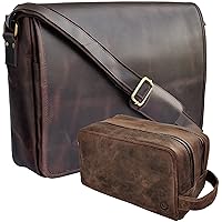 RUSTIC TOWN Handcrafted Genuine Leather Messenger and Toiletry Bag Combo - The Best Travel Gift For Men Women