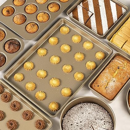 Kitcom Nonstick Bakeware Sets Textured 6-Piece with Cookie Sheet Set, Roasting Pan, Round Cake Pan, Loaf Pan, Heavy Duty Carbon Steel Premium Baking Pans, Champagne Gold