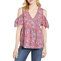Lucky Brand Womens Printed Cold Shoulder Top