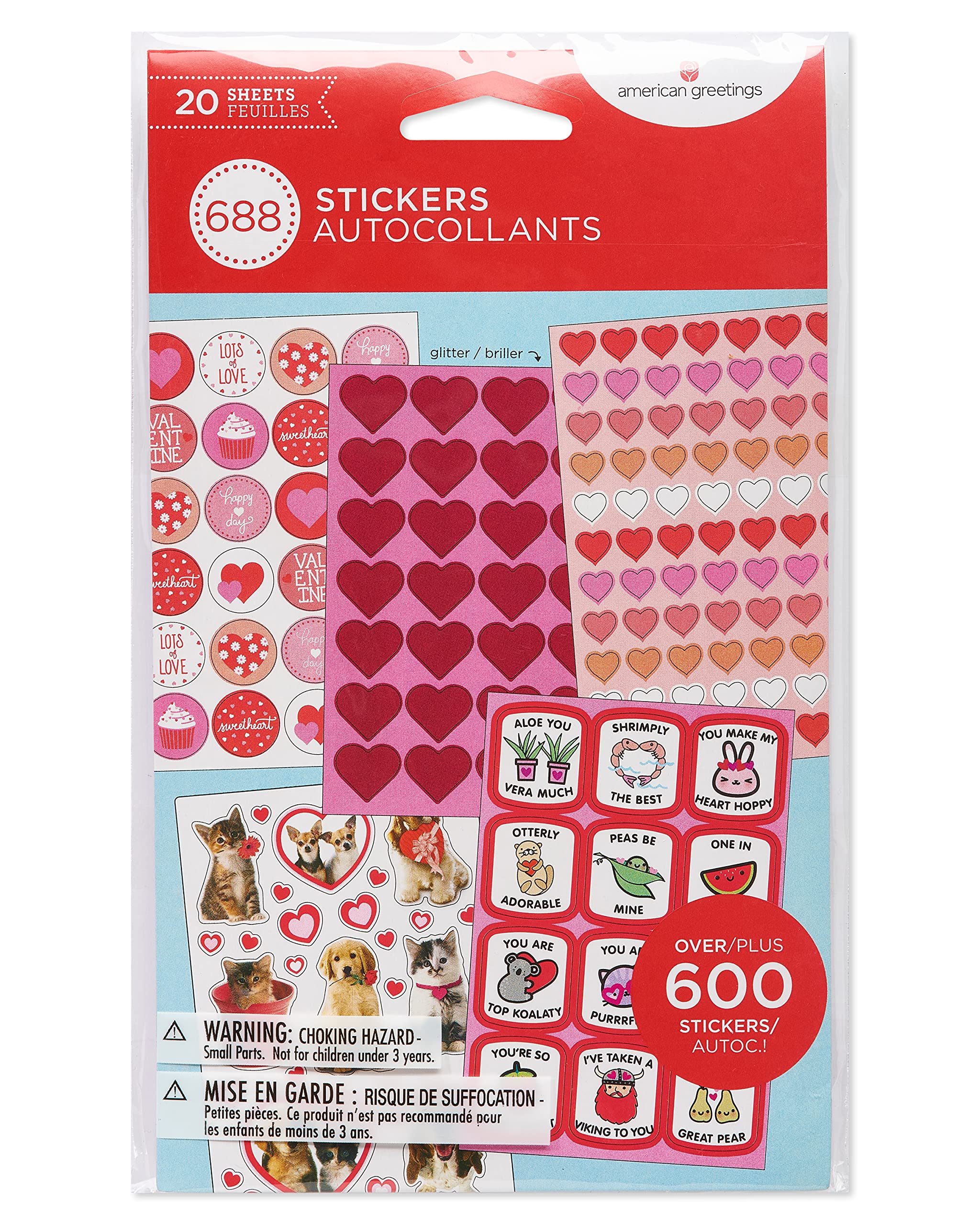American Greetings Bulk Valentine's Day Stickers, Hearts and Animals (688-Count)