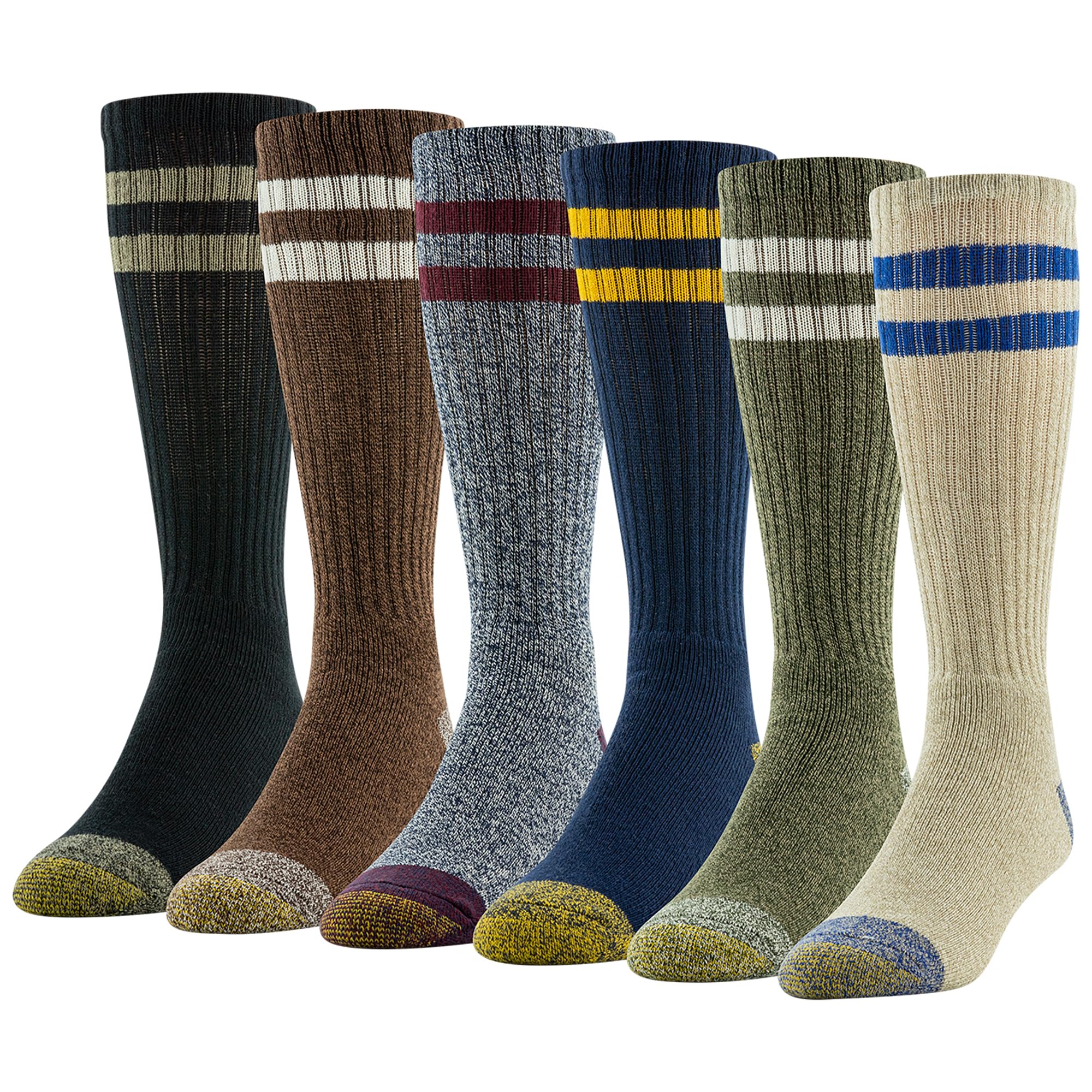 GOLDTOE Men's Harrington Crew Socks, Multipairs, Retro Stripe Oatmeal Assorted (6-Pairs), Shoe Size: 6-12.5
