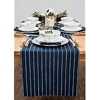 Solino Home Pinstripe Linen Table Runner 72 inches Long – 100% Pure Linen 14 x 72 Inch Table Runner, Navy and White Stripe – Dresser Scarf Dining Table Runner for Spring, Father's Day, Summer