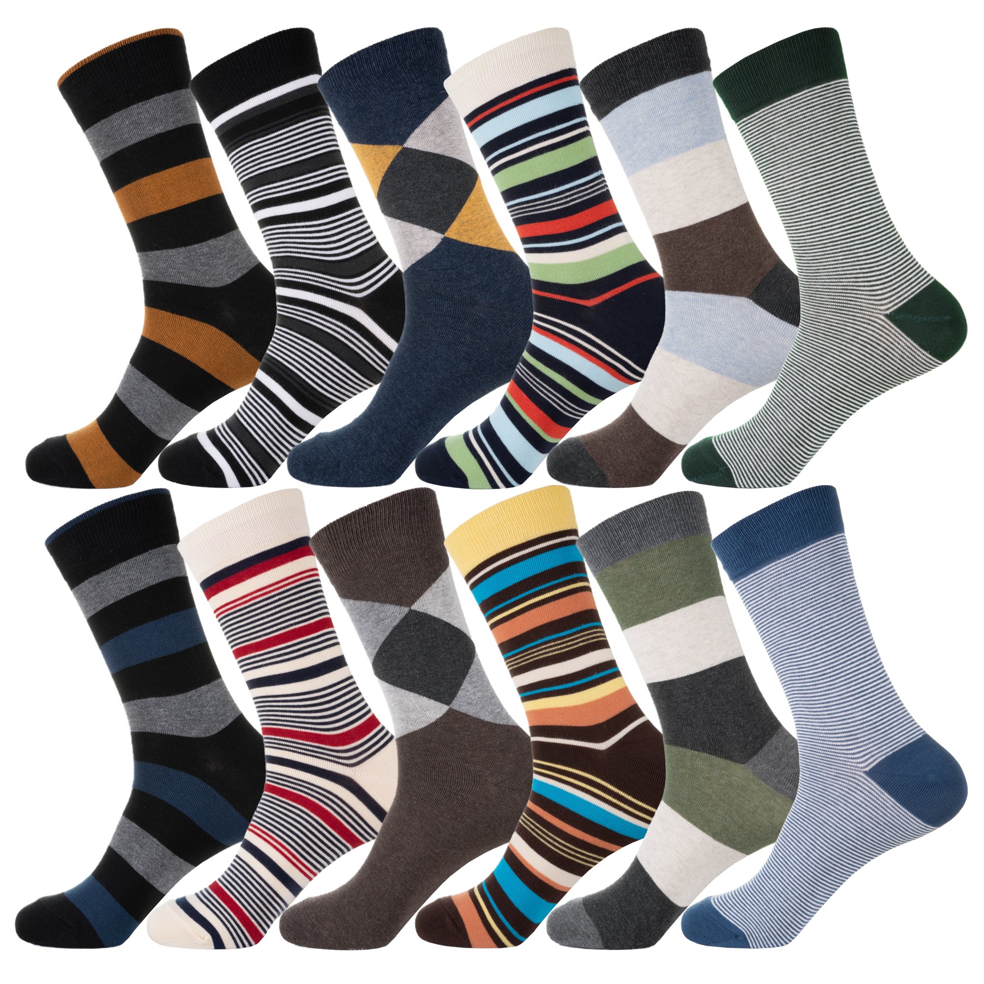 YEJIMONG Men's Cotton Fun Colorful Striped Casual Dress Socks, Funky Designed Fancy Socks - 8/12 Pairs, Size 9-12