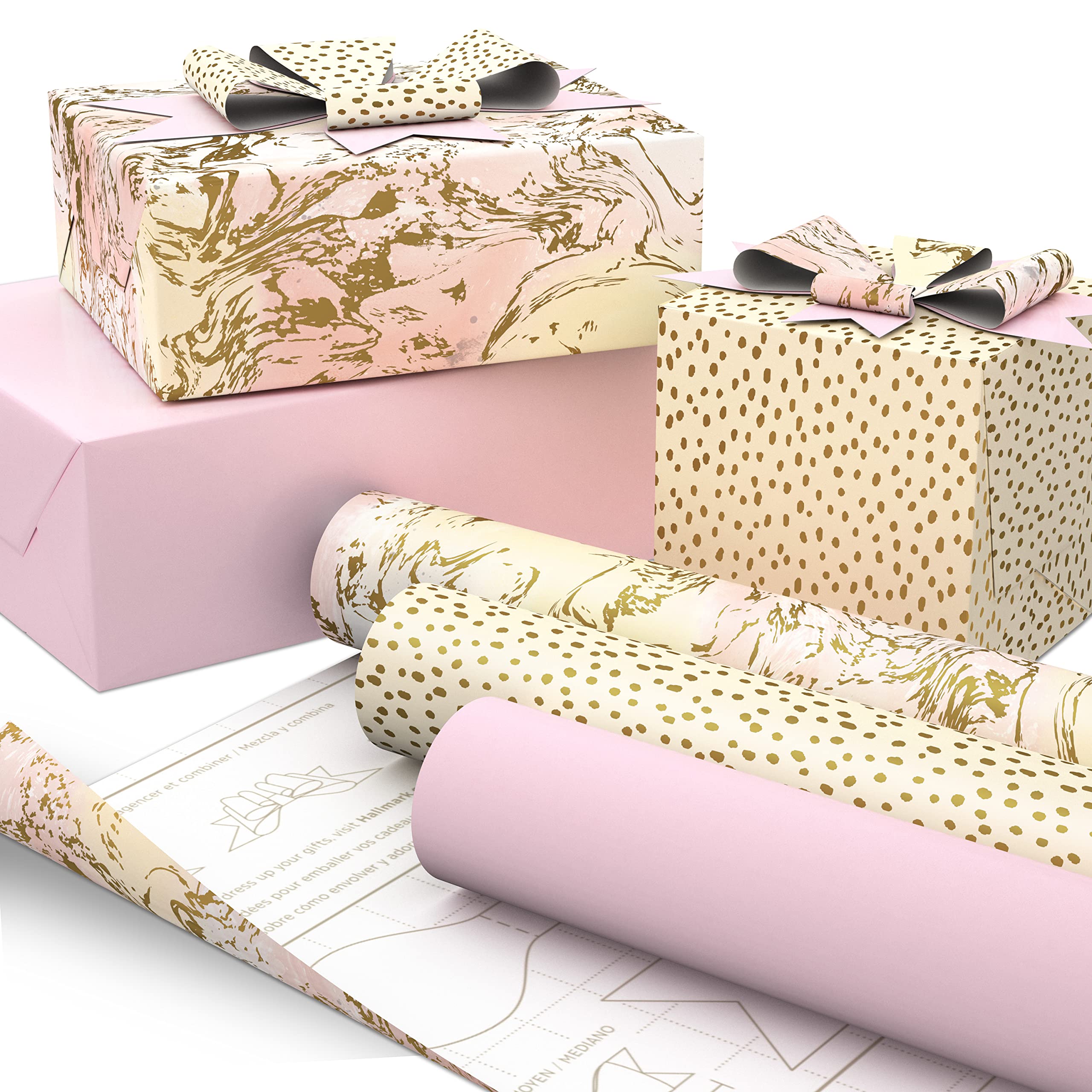 Hallmark Wrapping Paper with Cutlines on Reverse (6 Rolls: 135 Square Feet Total) Pink, Gold, Stripes, Kraft Brown, Black and White Plaid for Birthdays, Baby Showers, Bridal Showers, Mother's Day