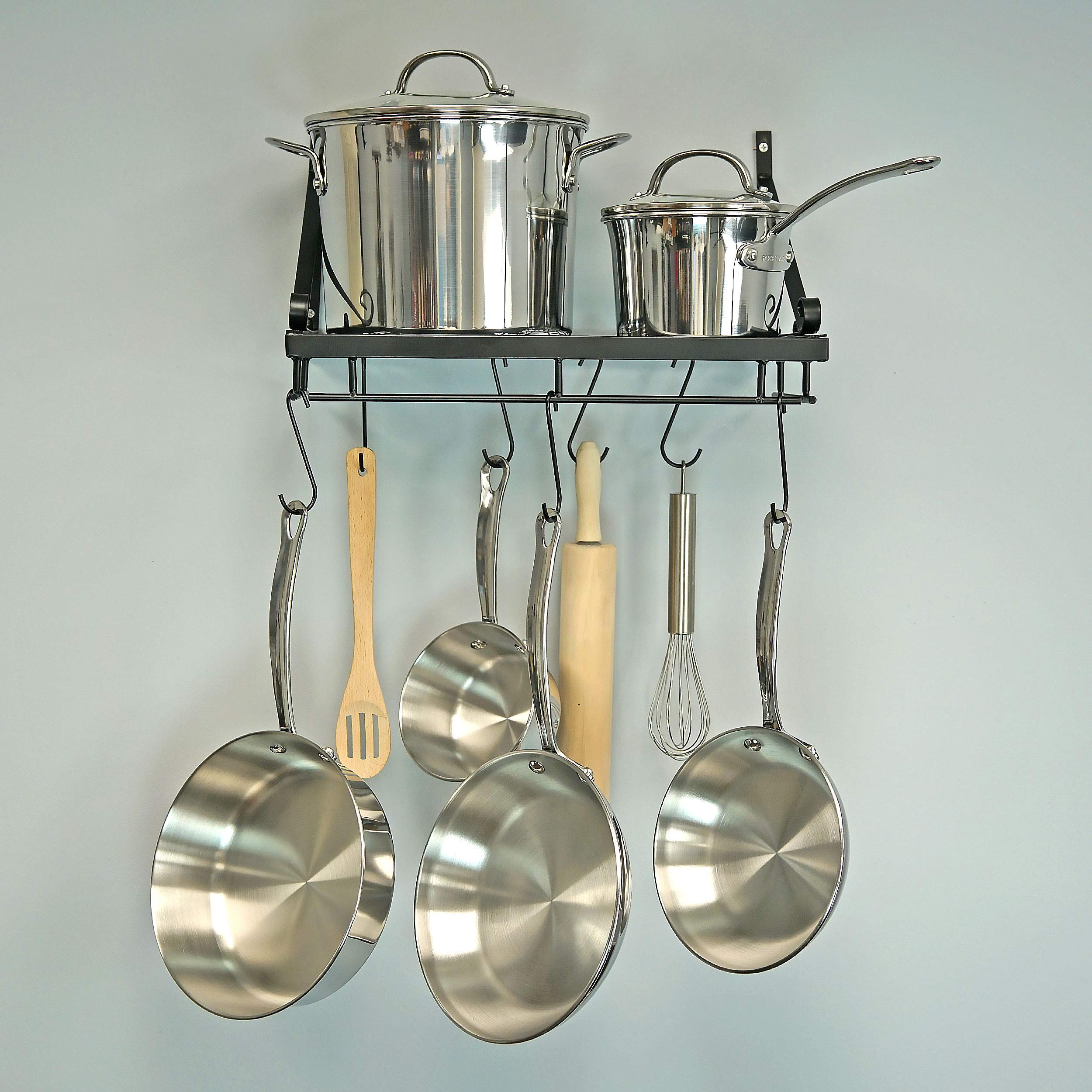 Southern Homewares Classic Pot and Pan Hanging Rack Cast Iron Pans Includes Wire Shelf and 8 Hooks Easy Mount
