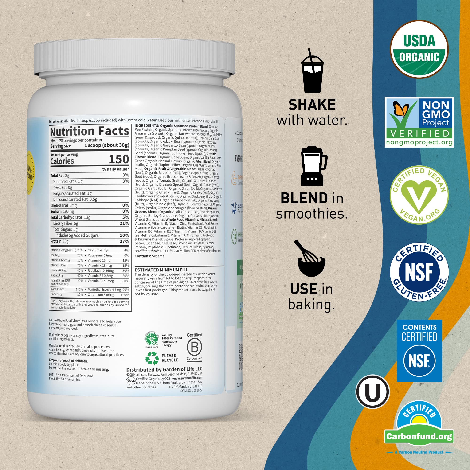 Garden of Life Tasty Organic Lightly Sweet Meal Replacement Shake Vegan - 20g Complete Plant Based Protein, Greens, Rice Protein, Pro & Prebiotics for Easy Digestion, Non-GMO Gluten-Free, 2.4 LB