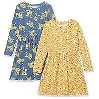 Amazon Essentials Girls' Long-Sleeve Elastic Waist T-Shirt Dress, Blue Cat/Yellow Floral, Large