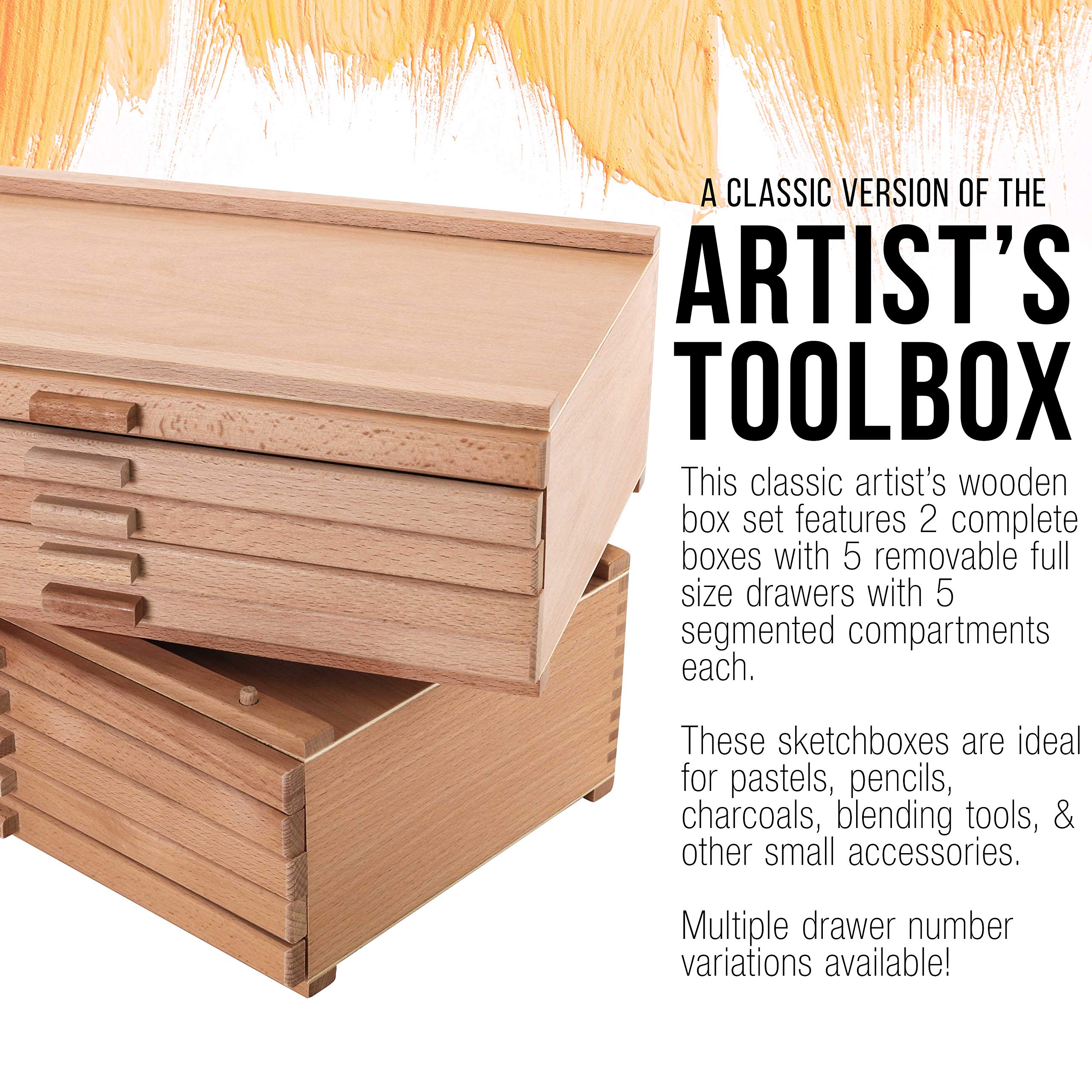 U.S. Art Supply 10 Drawer Wood Artist Supply Storage Box - Pastels, Pencils, Pens, Markers, Brushes
