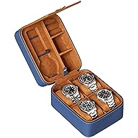 ROTHWELL 5 Watch Travel Case Storage Organizer for 5 Watches | Tough Portable Protection w/Zipper Fits All Wristwatches & Smart Watches Up to 50mm (Blue/Tan)