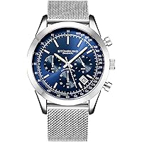 Stuhrling Original Chronograph Mens Watch Analog Watch Dial with Date - Tachymeter, Leather or Mesh Band (Blue)