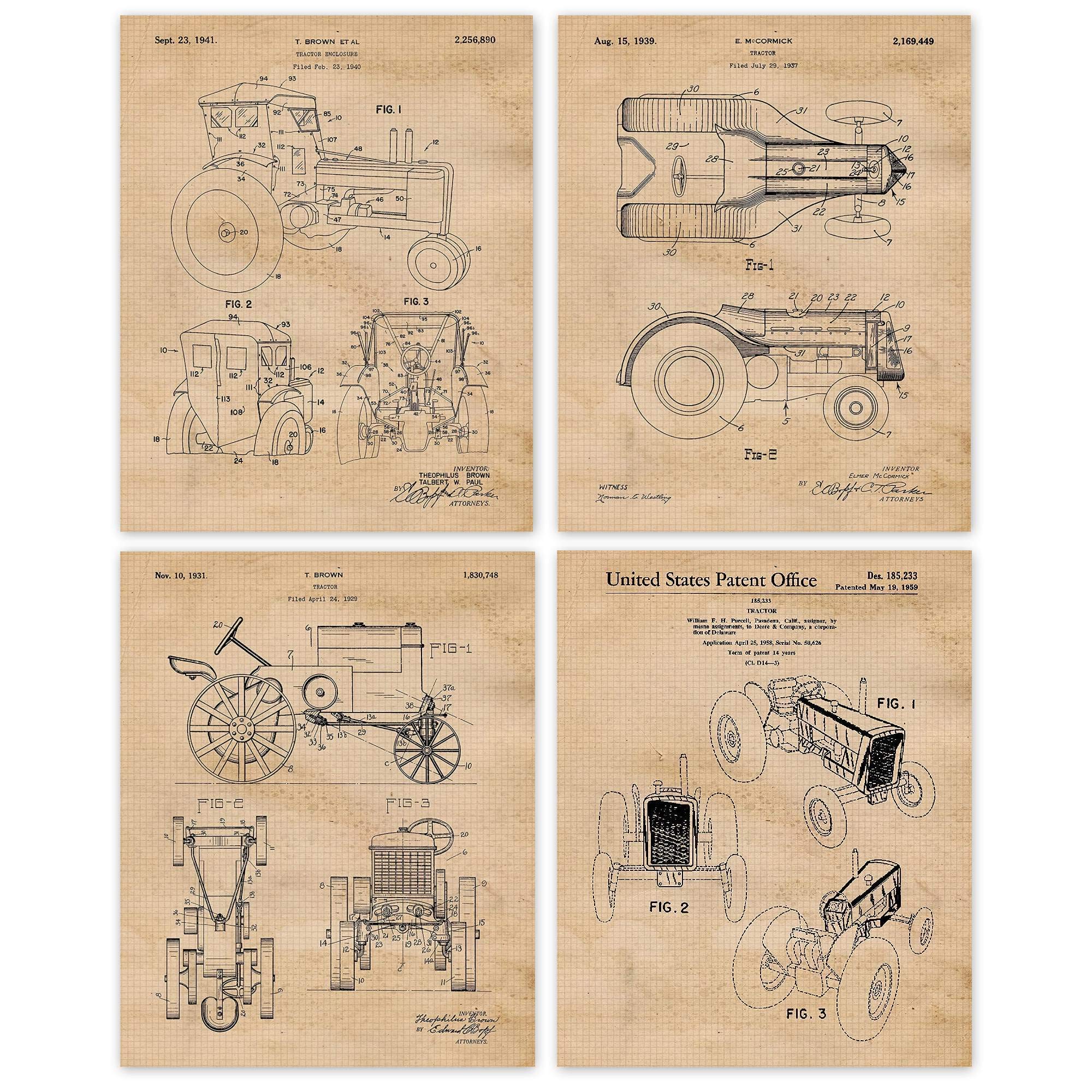Vintage Tractor Farming Patent Prints, 4 (8x10) Unframed Photos, Wall Art Decor Gifts Under 20 for Home Office Garage Shop Man Cave Teacher Student Rancher Farmer Country Cowboys John Deere Fan