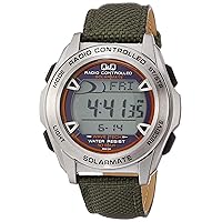 Citizen Q&Q MHS7-330 Men's Digital Wristwatch, Radio, Solar, Waterproof, Date, Leather Strap, Green, green, Wristwatch, Solar Radio, Multifunctional, Digital