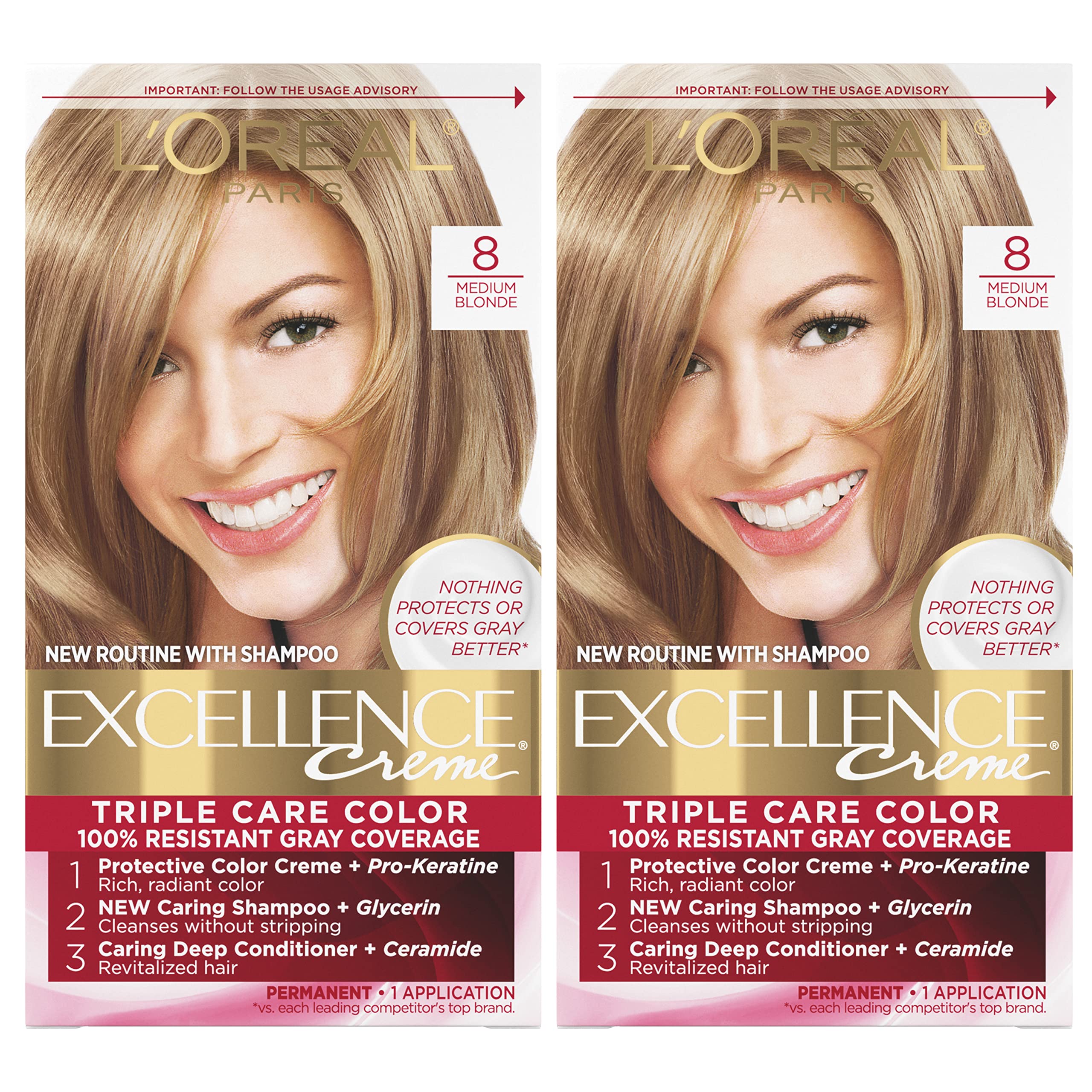 L'Oreal Paris Excellence Creme Permanent Hair Color, 8 Medium Blonde, 100 percent Gray Coverage Hair Dye, Pack of 2