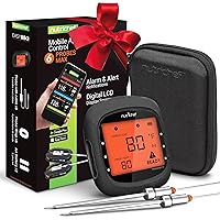 NutriChef Smart Bluetooth BBQ Thermometer with Travel Zip Case, Upgraded Stainless w/ 2 Temperature Probes, LCD Display, Done Alarm Android iPhone, Gas Charcoal BBQ Smoker Temp Monitoring