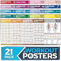 [21-PACK] Laminated Large Workout Poster Set - Perfect Workout Posters for Home Gym - Exercise Charts Incl. Dumbbell, Yoga Poses, Resistance Band, Kettlebell, Stretching & More Fitness Gym Posters