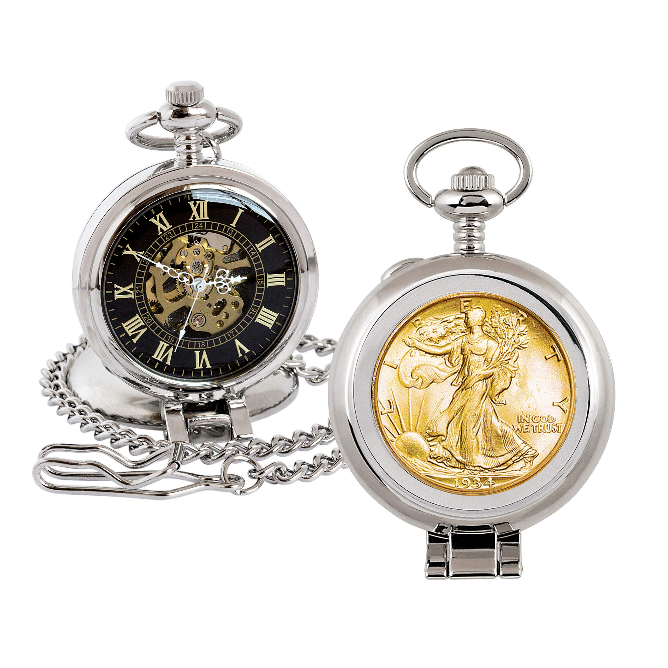 Coin Pocket Watch with Skeleton Quartz Movement | Gold Layered Silver Walking Liberty Half Dollar | Genuine U.S. Coin | Sweeping Second Hand, Roman Numerals | Certificate of Authenticity