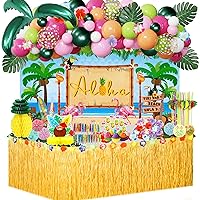 Hawaiian Luau Aloha Party Decorations Backdrop, 135Pcs Tropical Balloon Garland Grass Table Skirt Pineapple Centerpiece Straws Cake Toppers Hibiscus Palm Leaves Summer Beach Birthday Supplies Decor