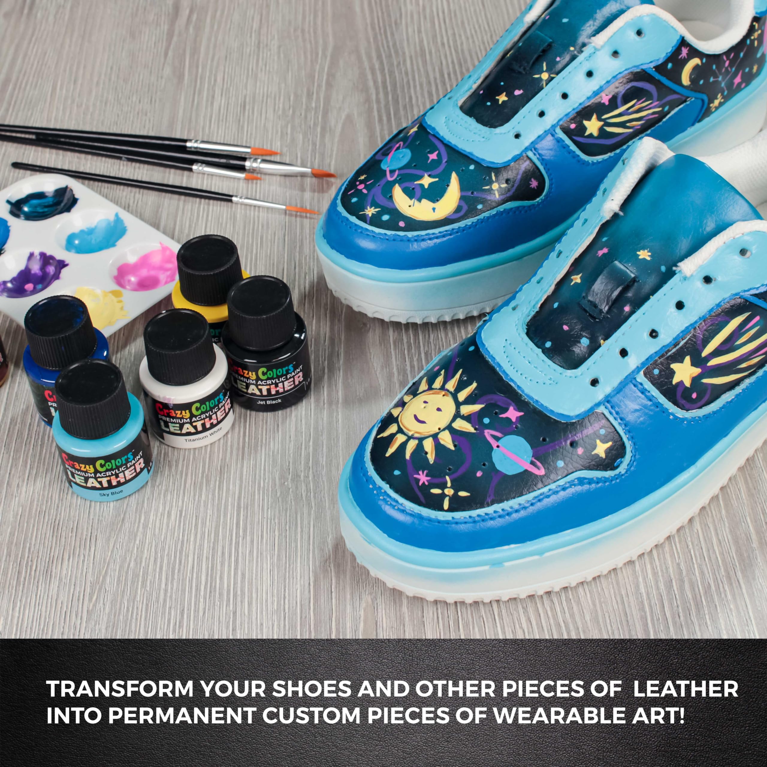 Crazy Colors Premium Acrylic Leather and Shoe Paint Kit, 13 Colors, Deglazer, 4-Piece Brush Set - 1 oz Bottles, Flexible, Scratch Peel Resistant - Artist Sneakers, Jackets, Bags, Purses, Furniture