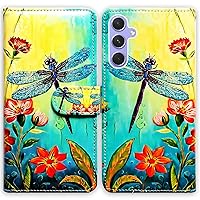 RFID Blocking Case for Galaxy A35 5G,Red Flower Blue Dragonfly Leather Flip Phone Case Wallet Cover with Card Slot Holder Kickstand for Samsung Galaxy A35 5G