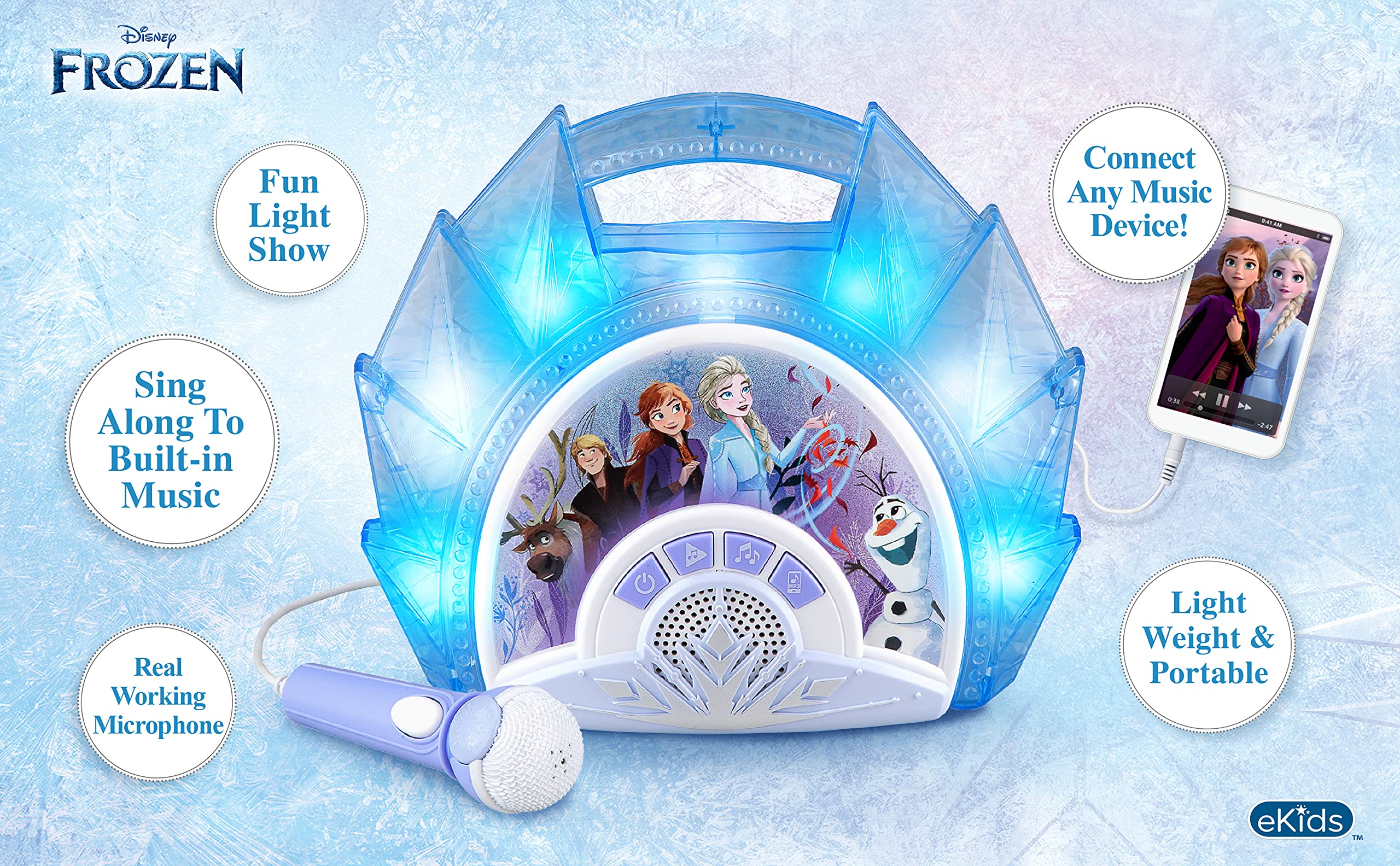 eKids Frozen Sing Along Boom Box Speaker with Microphone for Fans of Frozen Toys for Girls, Kids Karaoke Machine with Built in Music and Flashing Lights, Blue, 3.5mm Audio Jack