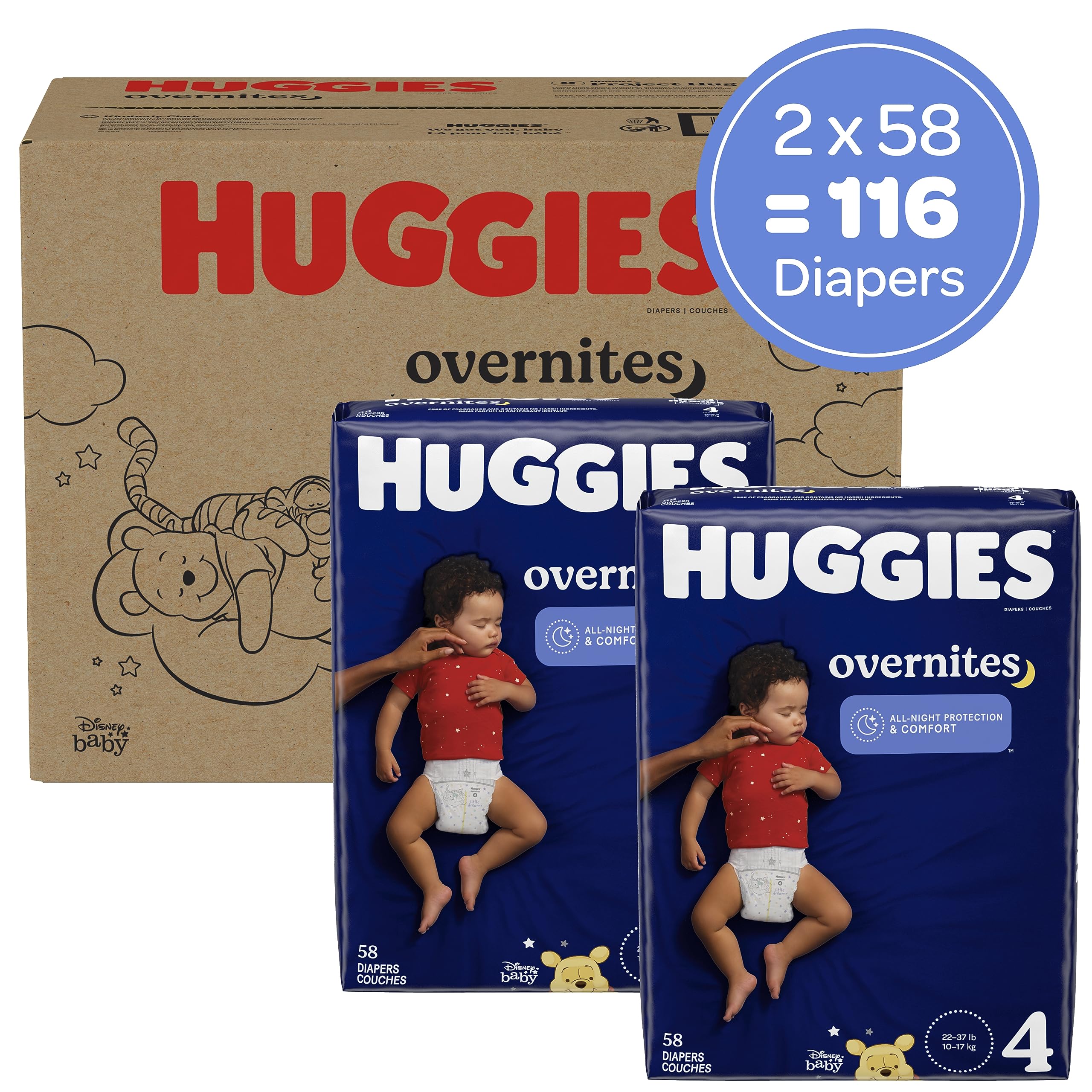 Huggies Overnites Nighttime Baby Diapers, Size 4 (22-37 lbs), 116 Ct