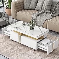Contemporary Coffee Faux Marble Top, Rectangle Cocktail Caster Wheels, Moderate Luxury Center Table with Gold Metal Bars for Living Room, 1, White