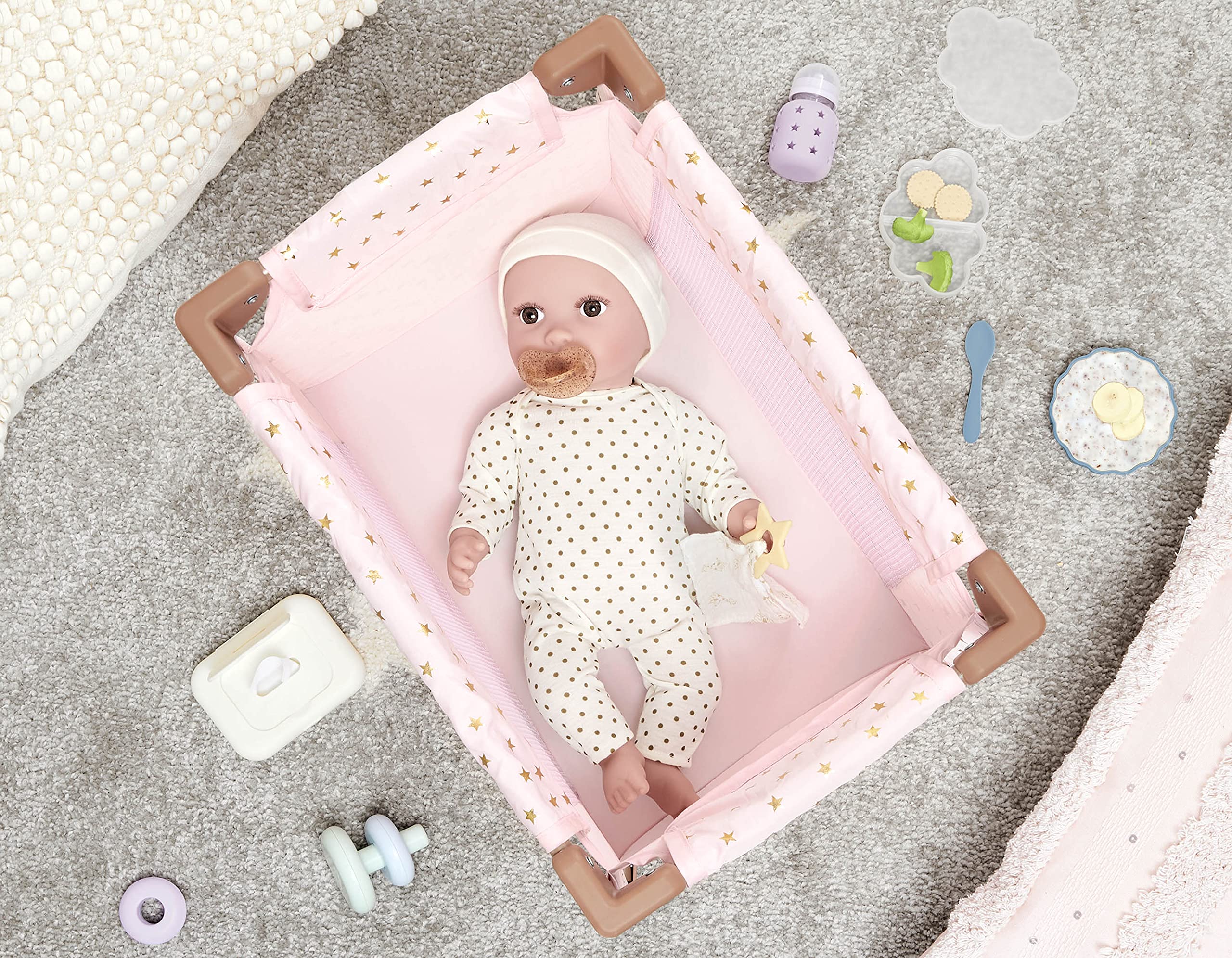babi by Battat – Pink Baby Doll Playpen – Foldable Frame – Lovely Star Design – Fits 14-inch Dolls – Children’s Toys for Kids Ages 2+